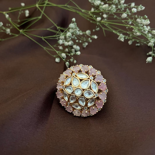 Elegant Polki Ring with Baby-Pink Stone, Adjustable Size