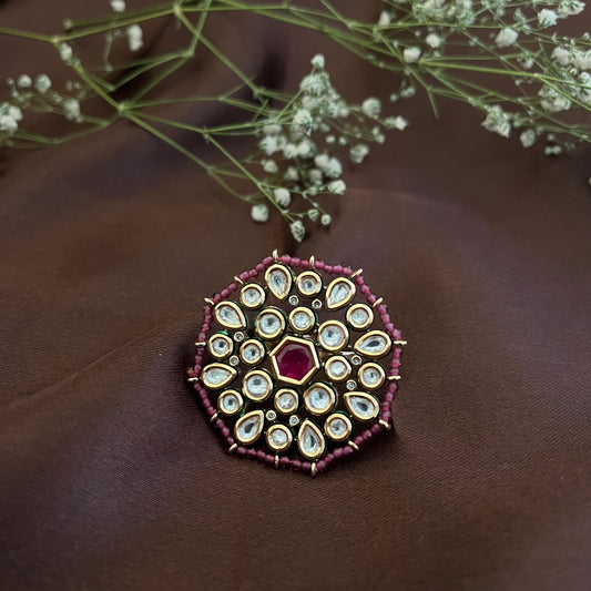 Polki Ring with Ruby Carving, Adjustable Size