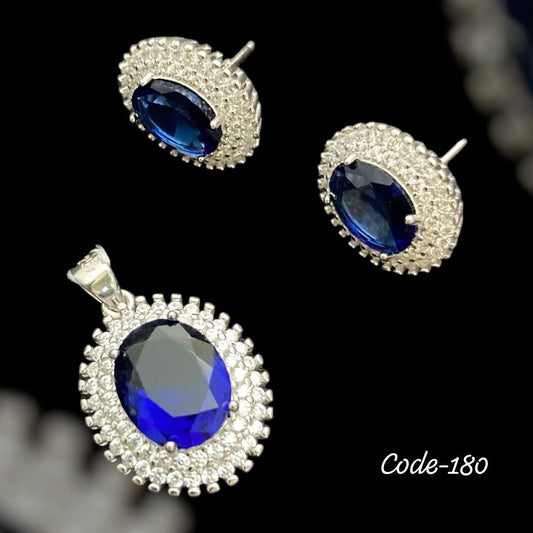 925 Hallmark Silver Blue Stone Pendant Set