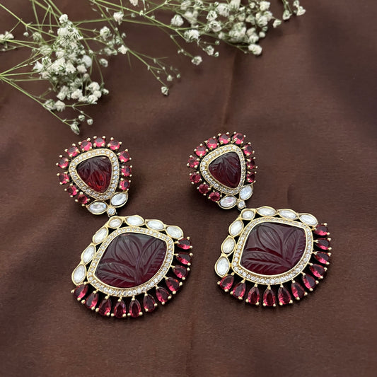Polki Earrings with Carving Stone, Antique Finish