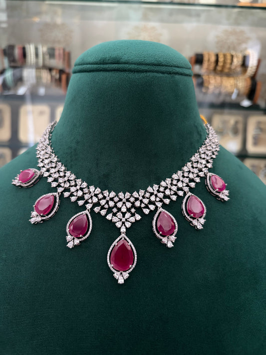 CZ necklace with ruby coloured stones