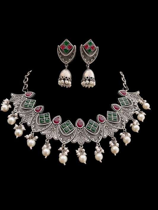 Oxidised, multicolour necklace set