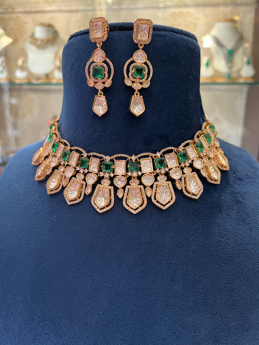 Green Stone Moissanite Polki Necklace