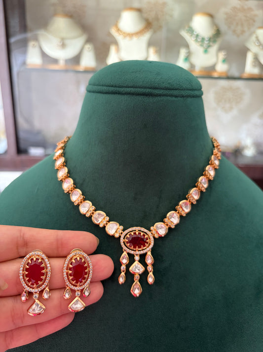 ER(498)Polki Necklace set with Ruby coloured stone