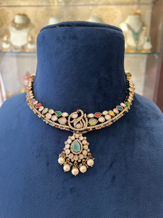 Antique Finish Navratna Necklace