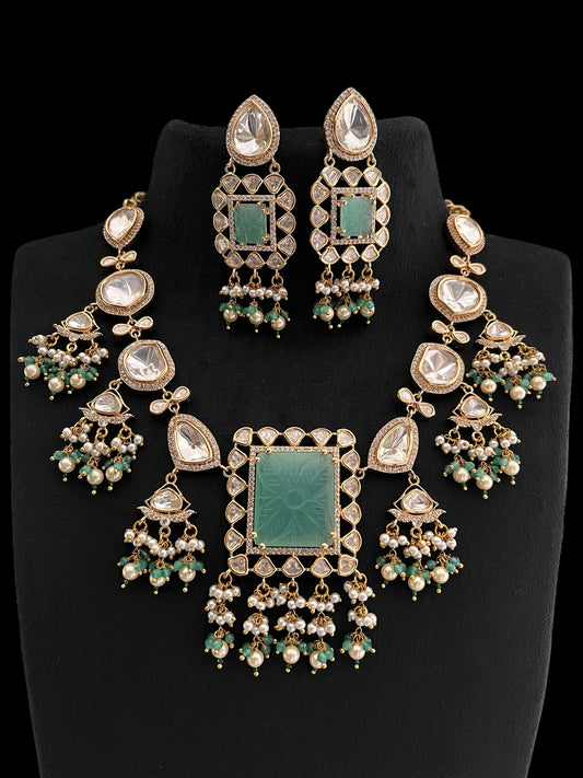 Moisonite kundan Necklace set with mint colour carving stone