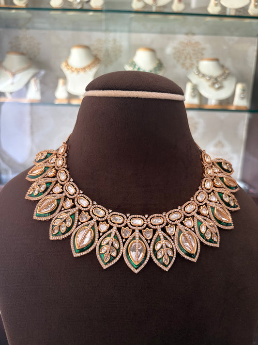 SJ(1193)Polki necklace with green Meenakari