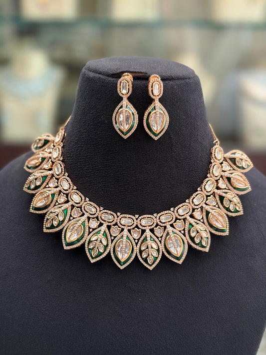 SJ(1193)Polki necklace with green Meenakari