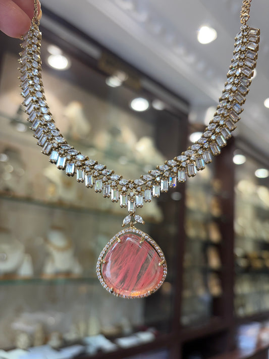 MS(845)Sabyasachi inspired necklace set with peach coloured stone