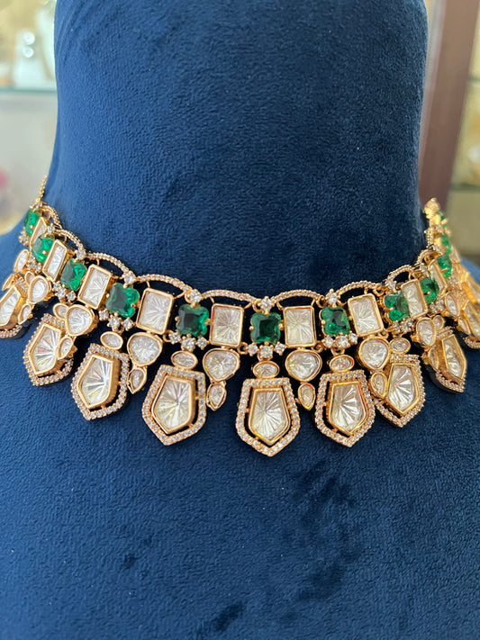Green Stone Moissanite Polki Necklace