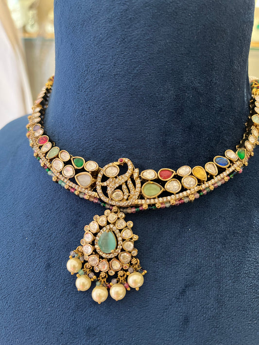 Antique Finish Navratna Necklace