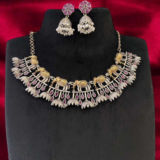 Dual Tone Oxidized Brass Based Necklace Set