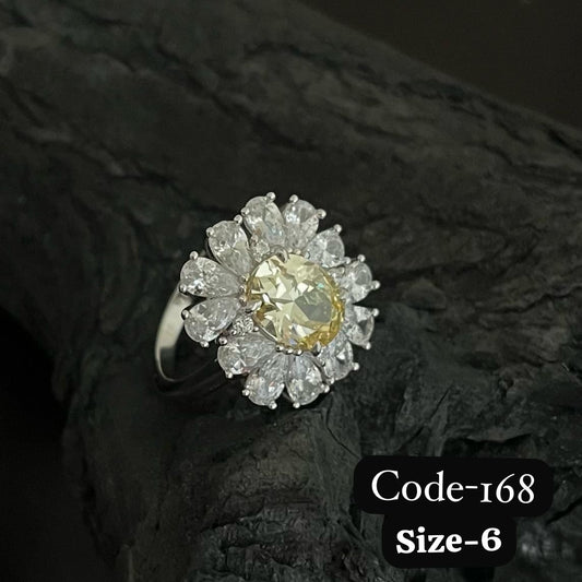 925 Silver, Plating White Rhodium, Rose Cut Diamond Ring with Yellow Sapphire