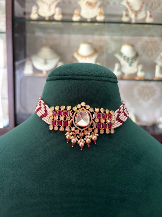 AR(1183)Gold plated moissanite choker with ruby coloured stones