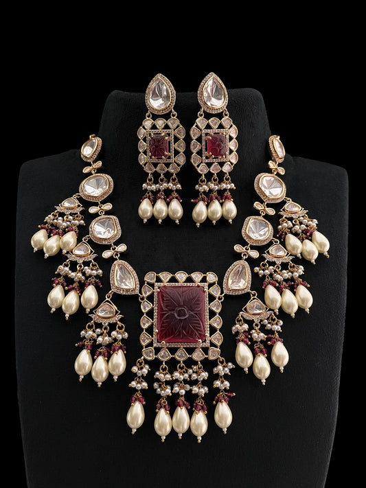 Moisonite kundan Necklace with red carving stone