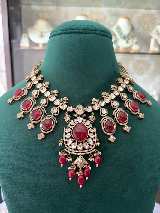 Ruby coloured Polki necklace set