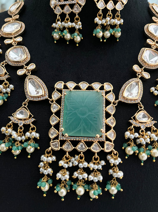 Moisonite kundan Necklace set with mint colour carving stone