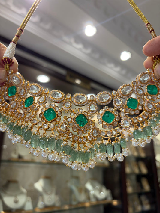 MF(2875)Gold plated moissanite necklace with emerald coloured stones