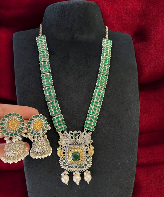 Brass Based Oxidized Necklace Set with Green Stone